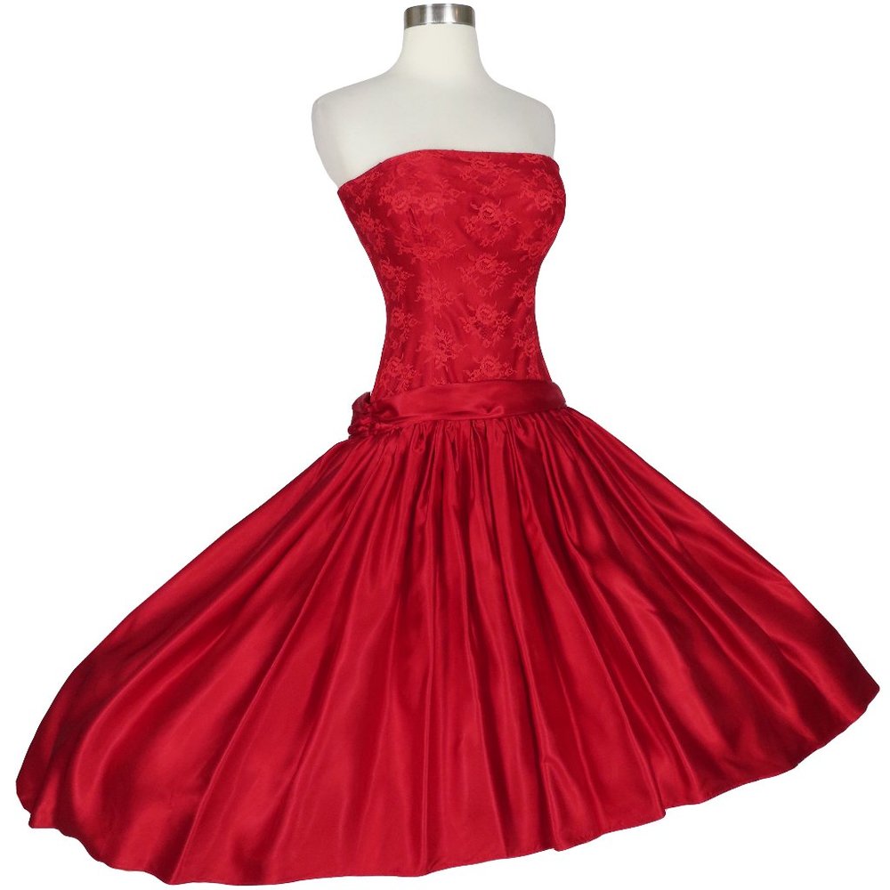 Vintage 80s Red Lace Strapless Hi Lo Full Skirt Prom Party Dress XXS XS